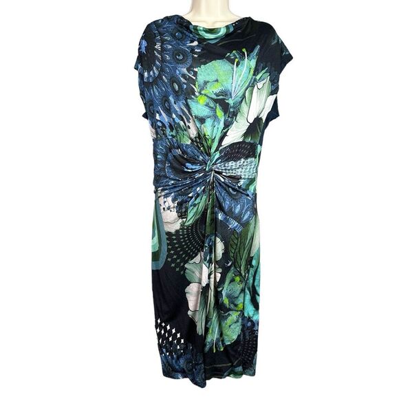 Desigual Womens Dress Size Large Blue Floral Sleeveless Drape Neck Style 40V2148 - Picture 2 of 15